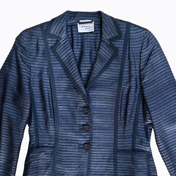 Akris Punto Blue Tone Blazer Sz 6 Jacket 100% Silk Striped Textured Office Siren - Picture 2 of 10